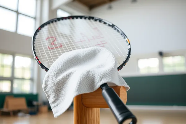 Người đang lau nhẹ vợt cầu lông carbon bằng khăn mềm trên giá gỗ trong phòng tập sạch sẽ, minh họa cách bảo quản vợt carbon đúng cách để giữ độ nhám.