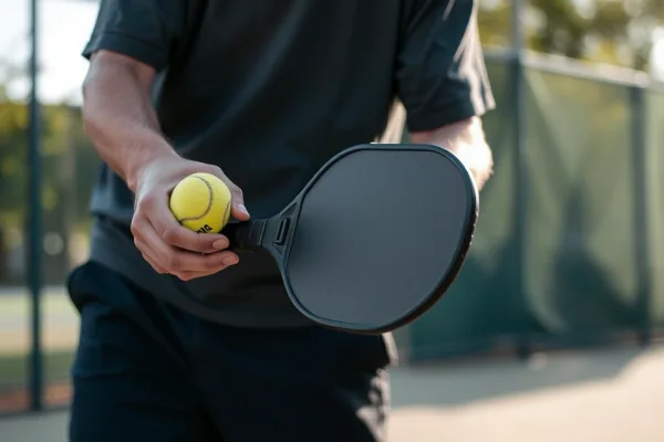 Người lớn tuổi đeo băng đô khớp gối chơi pickleball an toàn trên sân ngoài trời, thể hiện cách chơi nhẹ nhàng giảm tải khớp.