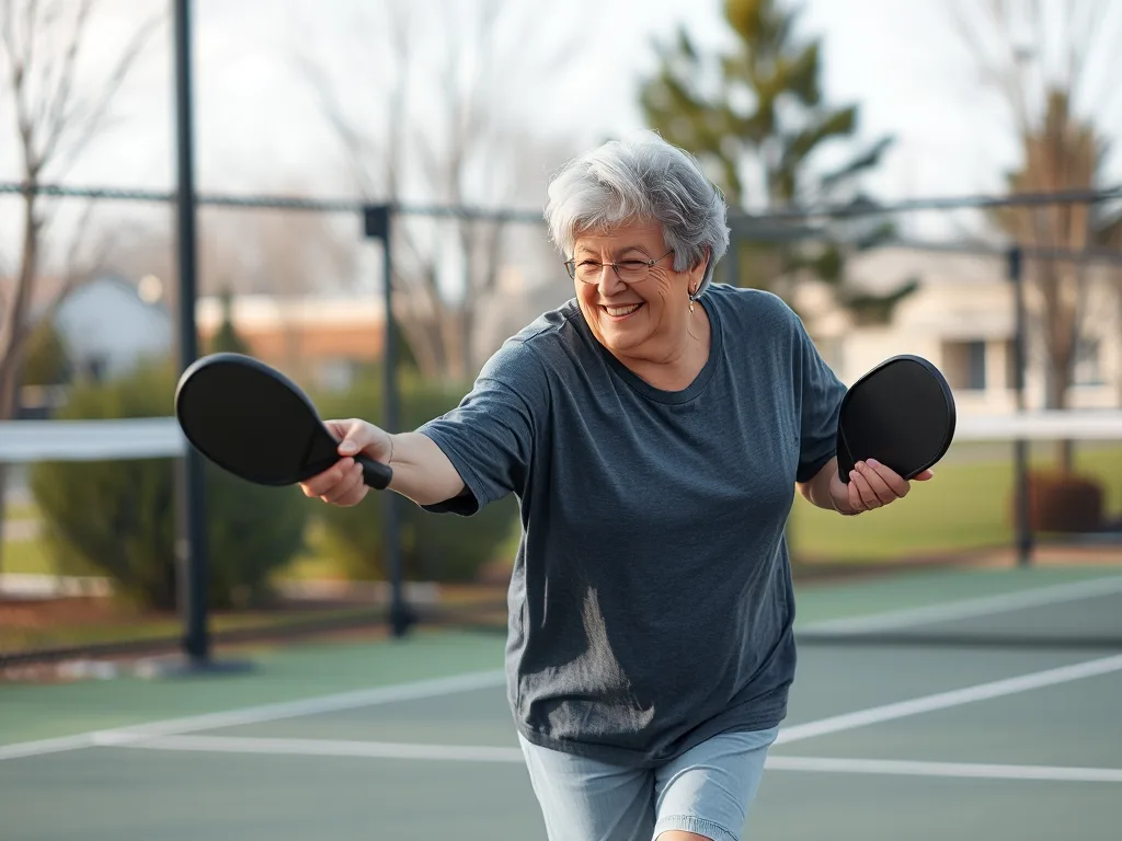 Người lớn tuổi đeo băng quấn khớp gối chơi pickleball an toàn trên sân ngoài trời với nụ cười tươi và ánh sáng tự nhiên.