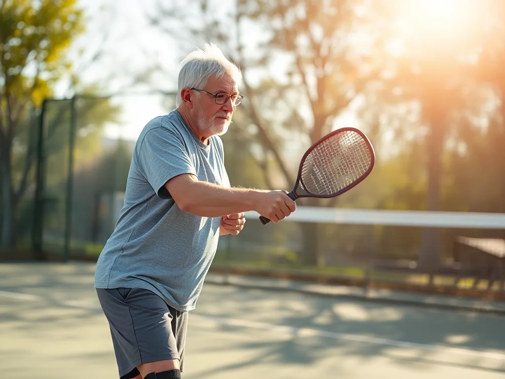 Người lớn tuổi đeo bảo vệ khớp gối chơi Pickleball trên sân ngoài trời, thực hiện động tác an toàn, minh họa cho việc bảo vệ khớp gối khi chơi Pickleball an toàn