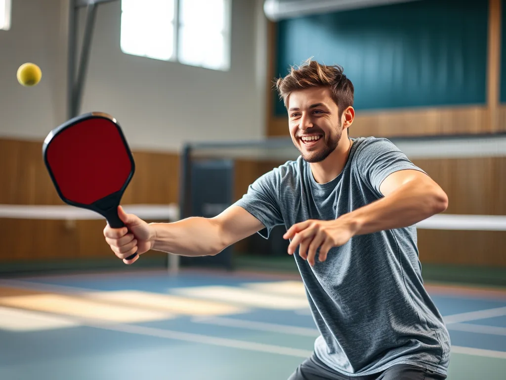 Người mới tập luyện cơ bản pickleball trên sân trong nhà, giữ vợt tập trung chuẩn bị ra sân sau 15 phút hướng dẫn chơi Pickleball cho người mới