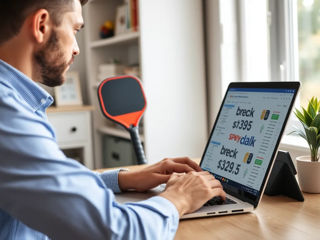 Người mua so sánh giá vợt Pickleball từ các trang bán hàng uy tín trên laptop để đưa ra quyết định mua sắm thông minh, tránh mua phải hàng kém chất lượng.