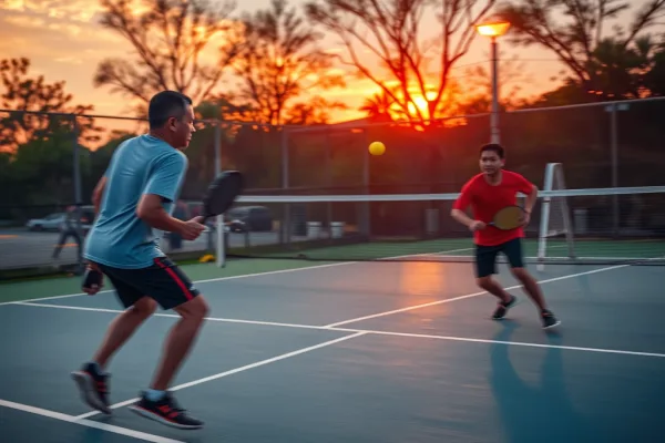 Người Việt chơi pickleball ngoài trời vào lúc bình minh hoặc hoàng hôn, hai người đánh cầu di chuyển trên sân, ánh sáng vàng ấm áp.