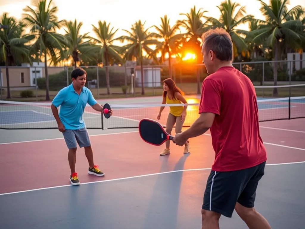 Người Việt chơi pickleball trên sân ngoài trời vào buổi sáng sớm và tối muộn dưới ánh sáng vàng cam dịu, khí hậu mát mẻ phù hợp nhiệt đới Người Việt chơi pickleball trên sân ngoài trời vào buổi sáng sớm và tối muộn dưới ánh sáng vàng cam dịu, khí hậu mát mẻ phù hợp nhiệt đới