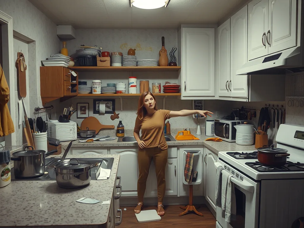 Nhà bếp lộn xộn với các vùng bị đánh dấu sai, nồi để ngoài khu vực lưu trữ, bát đĩa bừa bãi gần bếp, minh họa lỗi phạm quy Luật "Vùng Kitchen" khiến mất điểm tức thì Nhà bếp lộn xộn với các vùng bị đánh dấu sai, nồi để ngoài khu vực lưu trữ, bát đĩa bừa bãi gần bếp, minh họa lỗi phạm quy Luật "Vùng Kitchen" khiến mất điểm tức thì