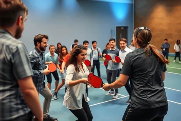 Nhân viên công ty đa dạng tham gia giải đấu Pickleball nội bộ trên sân trong nhà, không khí sôi động với khán giả cổ vũ, thể hiện tinh thần thể thao nơi công sở.