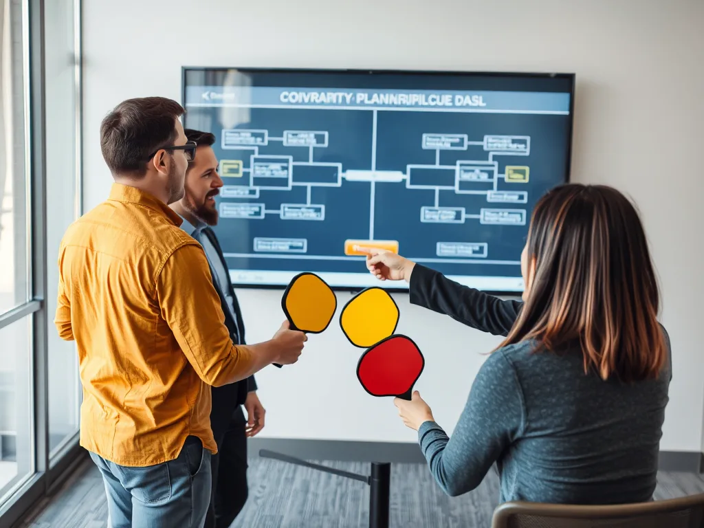 Nhân viên công ty lập kế hoạch giải đấu Pickleball nội bộ, thảo luận biểu đồ bracket trên màn hình trong phòng họp hiện đại.