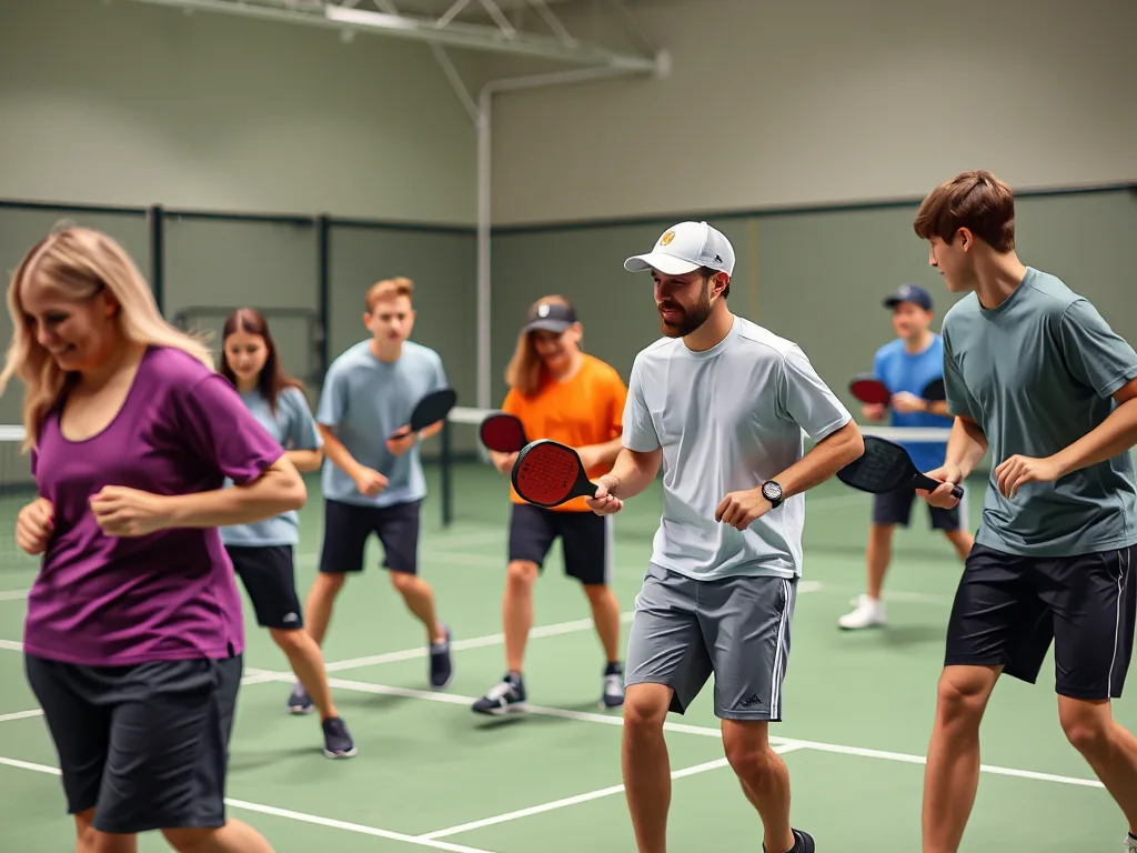 Nhân viên công ty với nhiều trình độ chơi pickleball thi đấu công bằng trong sân thể thao trong nhà, thể hiện tinh thần giải đấu thành công rực rỡ.