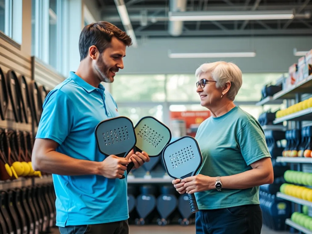 Nhân viên cửa hàng tư vấn dụng cụ pickleball cho khách hàng trong không gian sạch sẽ với kệ trưng bày gậy và bóng, phía ngoài cửa sổ là kiến trúc Hà Nội. Nhân viên cửa hàng tư vấn dụng cụ pickleball cho khách hàng trong không gian sạch sẽ với kệ trưng bày gậy và bóng, phía ngoài cửa sổ là kiến trúc Hà Nội.