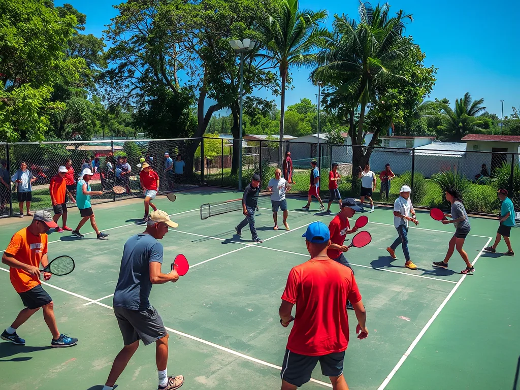Nhiều người chơi pickleball trên sân ngoài trời ở Việt Nam, thể hiện sự phổ biến và tăng trưởng nhanh của môn thể thao này trong cộng đồng.