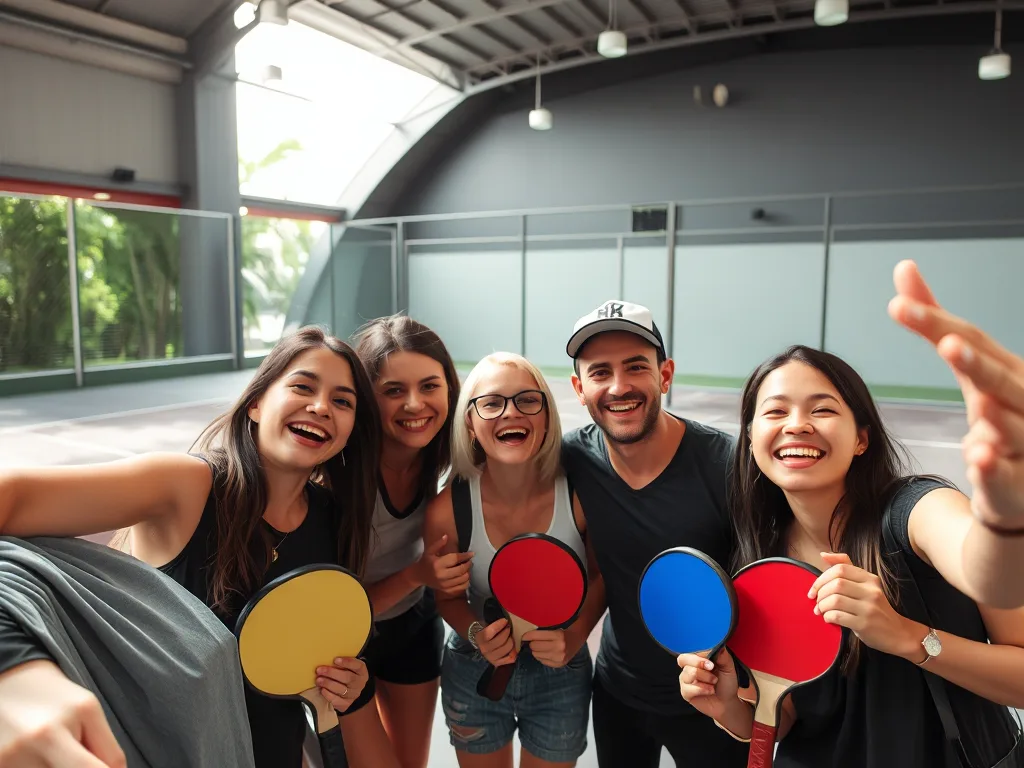 Nhóm bạn trẻ đang chụp ảnh check-in tại sân Pickleball sang xịn mịn nhất Sài Gòn, không gian sáng sủa và hiện đại với ánh nắng tự nhiên.