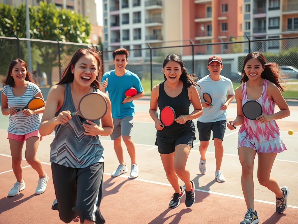 Nhóm bạn trẻ Việt Nam vui vẻ chơi pickleball trên sân công cộng, thể hiện chi phí hợp lý và hiệu ứng viral của môn thể thao này. Nhóm bạn trẻ Việt Nam vui vẻ chơi pickleball trên sân công cộng, thể hiện chi phí hợp lý và hiệu ứng viral của môn thể thao này.