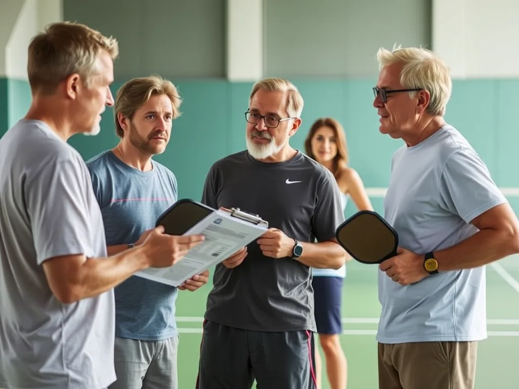 Nhóm cầu thủ pickleball đa đội tuổi đang thảo luận nội quy và quy trình trên bảng, trong sân chơi trong nhà, thể hiện sự gắn kết và chuyên nghiệp.