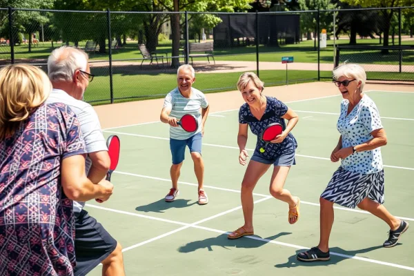 Nhóm đa độ tuổi chơi Pickleball sôi động tại sân ngoài trời, thể hiện cơn sốt 16 triệu người chơi Pickleball