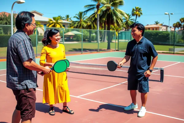 Nhóm doanh nhân Việt Nam chơi pickleball trên sân đẹp, cười nói và kết nối kinh doanh, trong không gian ngoài trời sang trọng