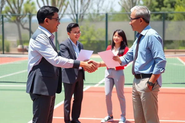 Nhóm doanh nhân Việt Nam trong trang phục công sở bắt tay và trao hợp đồng tại sân Pickleball, có lưới và vợt thể thao xung quanh.