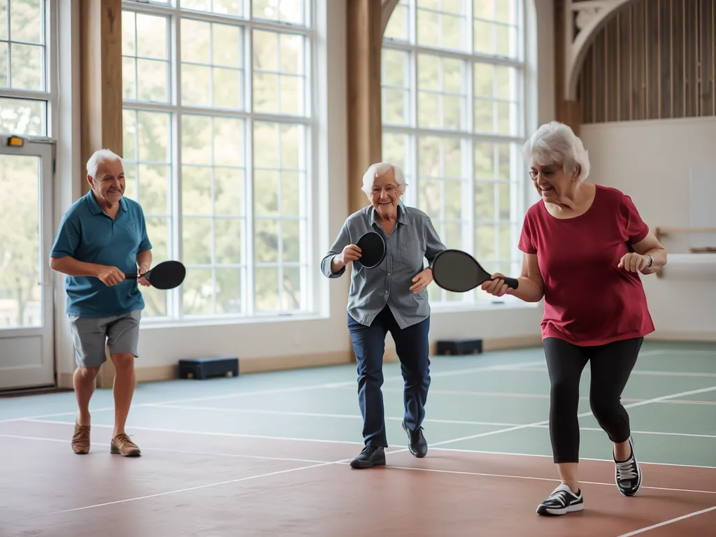 Nhóm người cao tuổi chơi pickleball trong nhà trên sân được đánh dấu, thể hiện hoạt động thể chất an toàn cho sức khỏe tim mạch.
