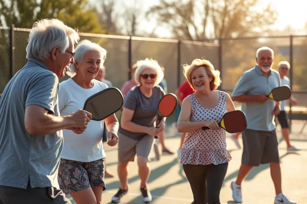 Nhóm người cao tuổi đang chơi pickleball trên sân ngoài trời, tư thế vui vẻ năng động dưới ánh nắng ấm áp.