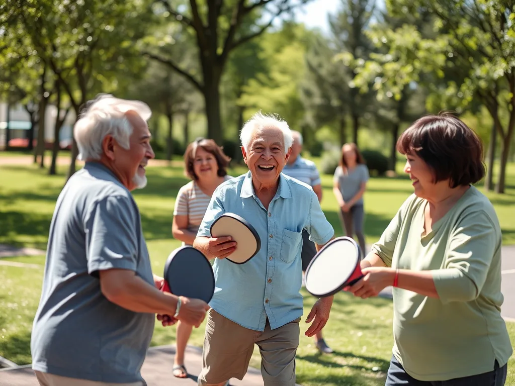 Nhóm người cao tuổi Việt Nam chơi pickleball trong công viên, thể hiện hoạt động thể chất vui vẻ và tương tác xã hội