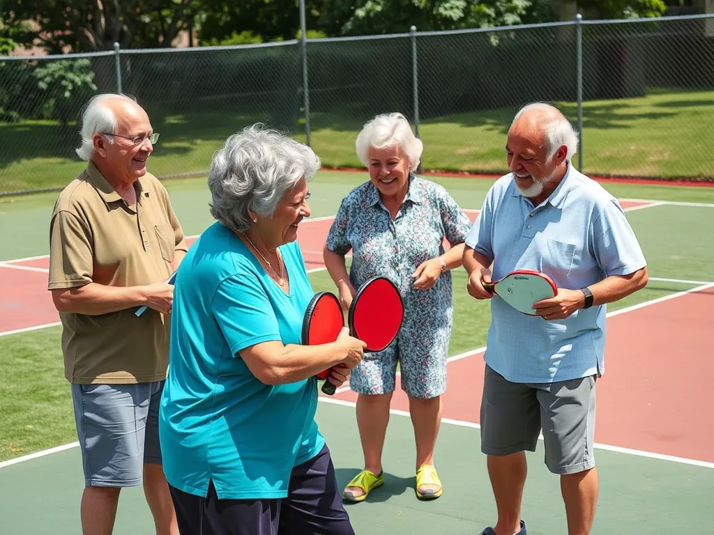 Nhóm người cao tuổi Việt Nam vui vẻ chơi pickleball, tương tác xã hội, thể hiện lý do nên chơi pickleball thay vì đi bộ đơn lẻ