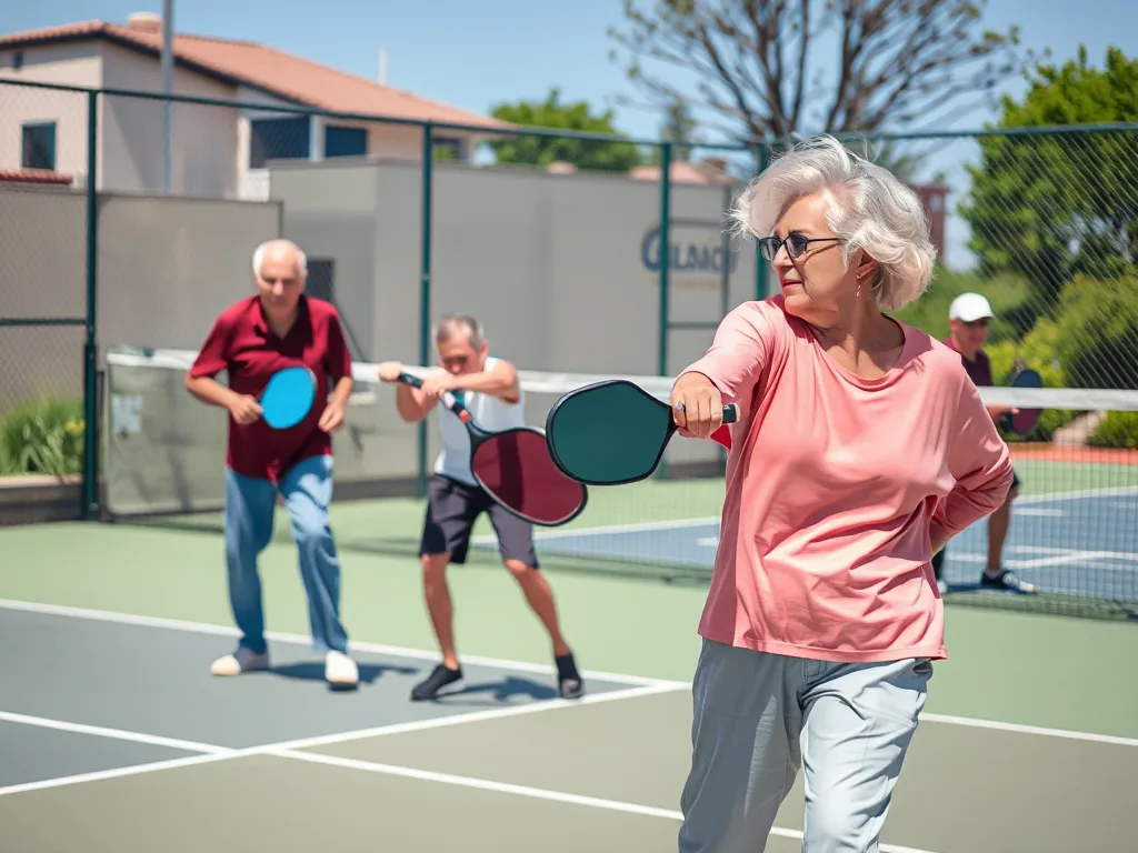 Nhóm người cao tuổi vui vẻ chơi pickleball ngoài trời, thể hiện hoạt động thể chất lành mạnh, gắn liền với lợi ích tim mạch của môn thể thao này.