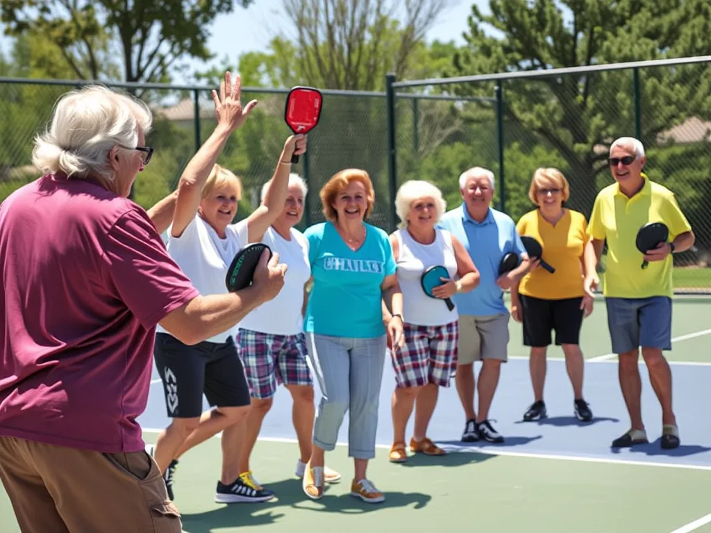 Nhóm người cao tuổi vui vẻ chơi pickleball ngoài trời, thể hiện tinh thần kết nối và truyền cảm hứng từ cộng đồng Pickleball và những câu chuyện truyền cảm hứng từ những người trên 70 tuổi. Nhóm người cao tuổi vui vẻ chơi pickleball ngoài trời, thể hiện tinh thần kết nối và truyền cảm hứng từ cộng đồng Pickleball và những câu chuyện truyền cảm hứng từ những người trên 70 tuổi.