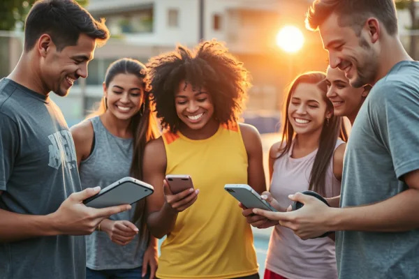 Nhóm người chơi Pickleball đa dạng đang sử dụng điện thoại thông minh để đặt sân và tìm đối chơi qua ứng dụng trên sân pickleball ngoài trời.