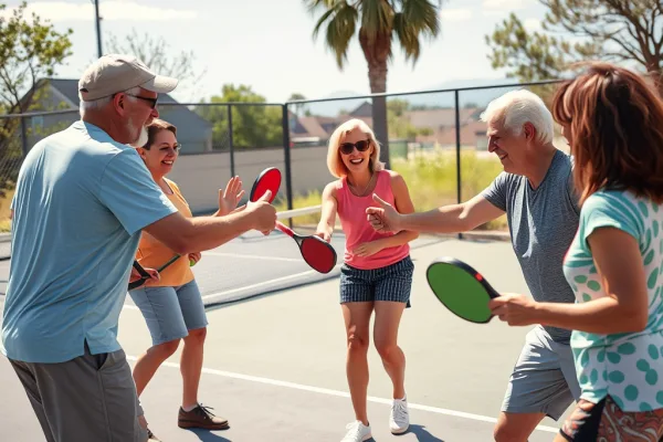 Nhóm người chơi pickleball đa đội tuổi đang vui vẻ thi đấu trên sân ngoài trời, thể hiện tinh thần gắn kết và phát triển bền vững.