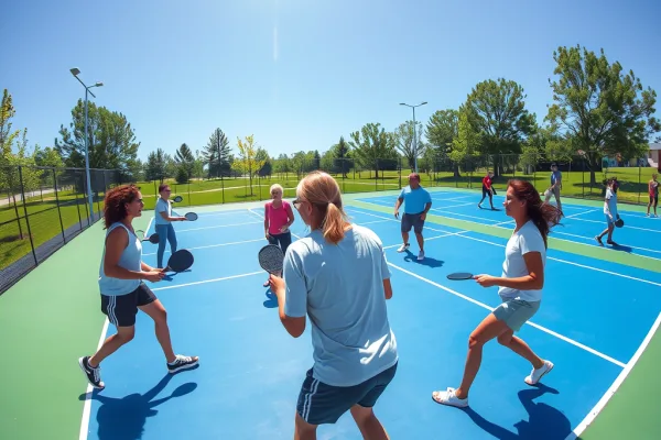 Nhóm người chơi Pickleball đang thi đấu sôi động trên sân xanh tại cụm 12 sân Pickleball Công viên 30/6 Thái Bình, không gian thể thao năng động.