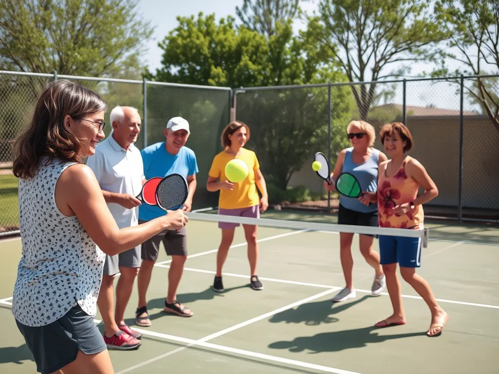 Nhóm người đa độ tuổi và giới tính chơi pickleball trên sân ngoài trời, cùng nhau vui vẻ và cổ vũ, thể hiện văn hóa đội nhóm gắn kết và fair-play.