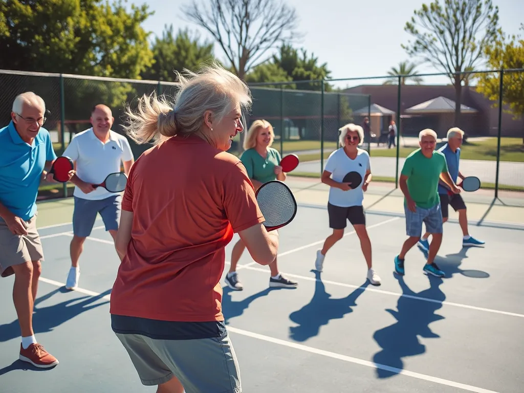 Nhóm người đang chơi pickleball sôi động trên sân ngoài trời, phản ánh cơn sốt 16 triệu người chơi Pickleball đang bùng nổ thực tế.