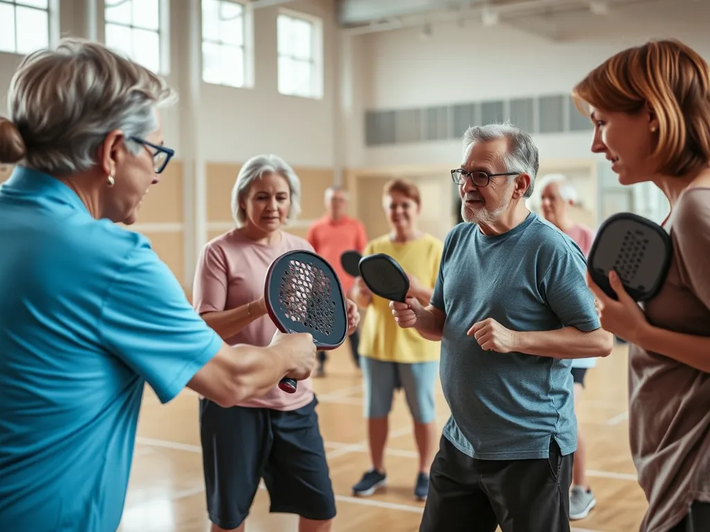 Nhóm người lớn tuổi đang học các kỹ thuật cơ bản pickleball trong sân thể thao trong nhà tại Hà Nội, huấn luyện viên hướng dẫn tư thế và giao bóng, không có văn bản.