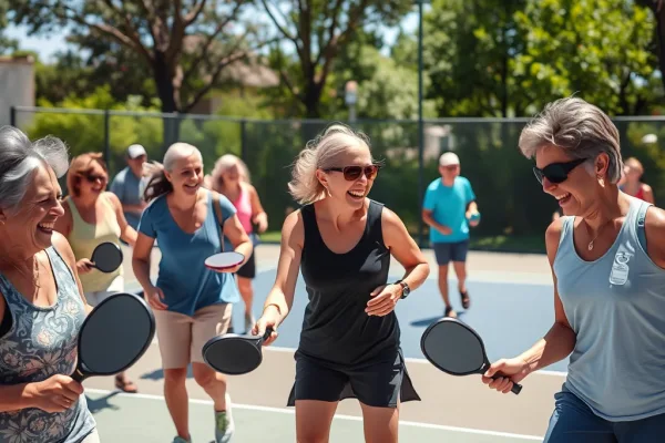 Nhóm người trẻ và trung niên vui vẻ chơi pickleball ngoài trời trên sân đánh màu xanh, không khí vui tươi và năng động.
