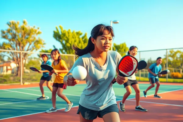 Nhóm người trẻ Việt Nam chơi pickleball sân ngoài trời, vung vợt đánh bóng nhựa, minh họa cho bài giải đáp "Pickleball là gì?