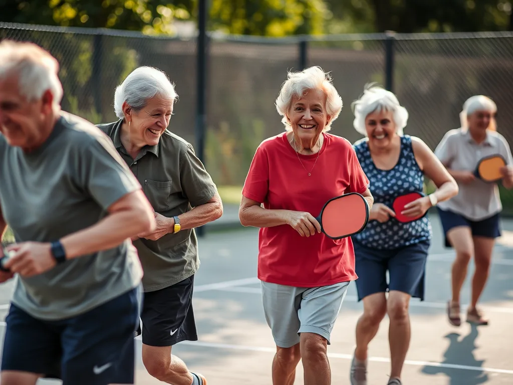Nhóm người trên 70 tuổi đang chơi pickleball ngoài trời, thể hiện lợi ích sức khỏe và câu chuyện truyền cảm hứng từ môn thể thao này. Nhóm người trên 70 tuổi đang chơi pickleball ngoài trời, thể hiện lợi ích sức khỏe và câu chuyện truyền cảm hứng từ môn thể thao này.