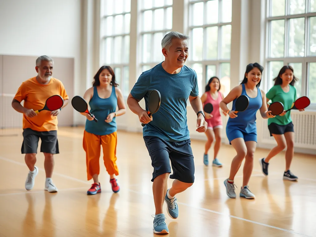 Nhóm người Việt chơi pickleball trong sân trong hiện đại, trang phục thể thao đắt tiền, vận động hào hứng với vợt và bóng, thể thao cộng đồng.