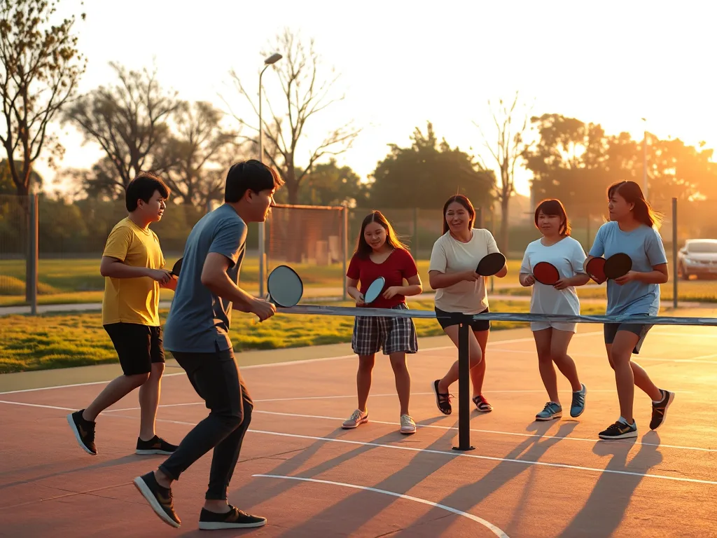 Nhóm người Việt đang chơi pickleball trên sân ngoài trời trong công viên vào buổi sáng sớm, với ánh nắng vàng nhẹ của bình minh. Nhóm người Việt đang chơi pickleball trên sân ngoài trời trong công viên vào buổi sáng sớm, với ánh nắng vàng nhẹ của bình minh.