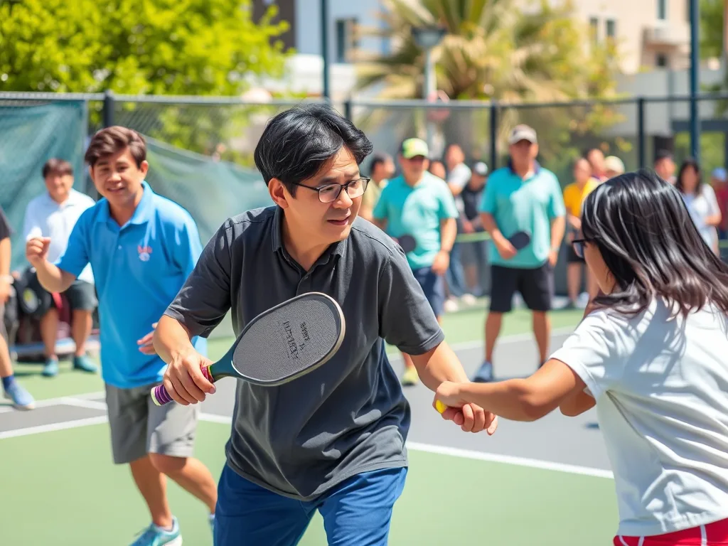 Nhóm người Việt Nam đa đội tuổi chơi pickleball sôi nổi trên sân ngoài trời, thể hiện sự phổ biến nhanh và phát triển mạnh mẽ của môn thể thao này.