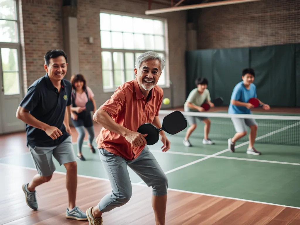 Nhóm người Việt Nam vui vẻ chơi pickleball trong sân trong nhà, thể thao giải trí, kết nối xã hội, nền kinh tế cảm xúc