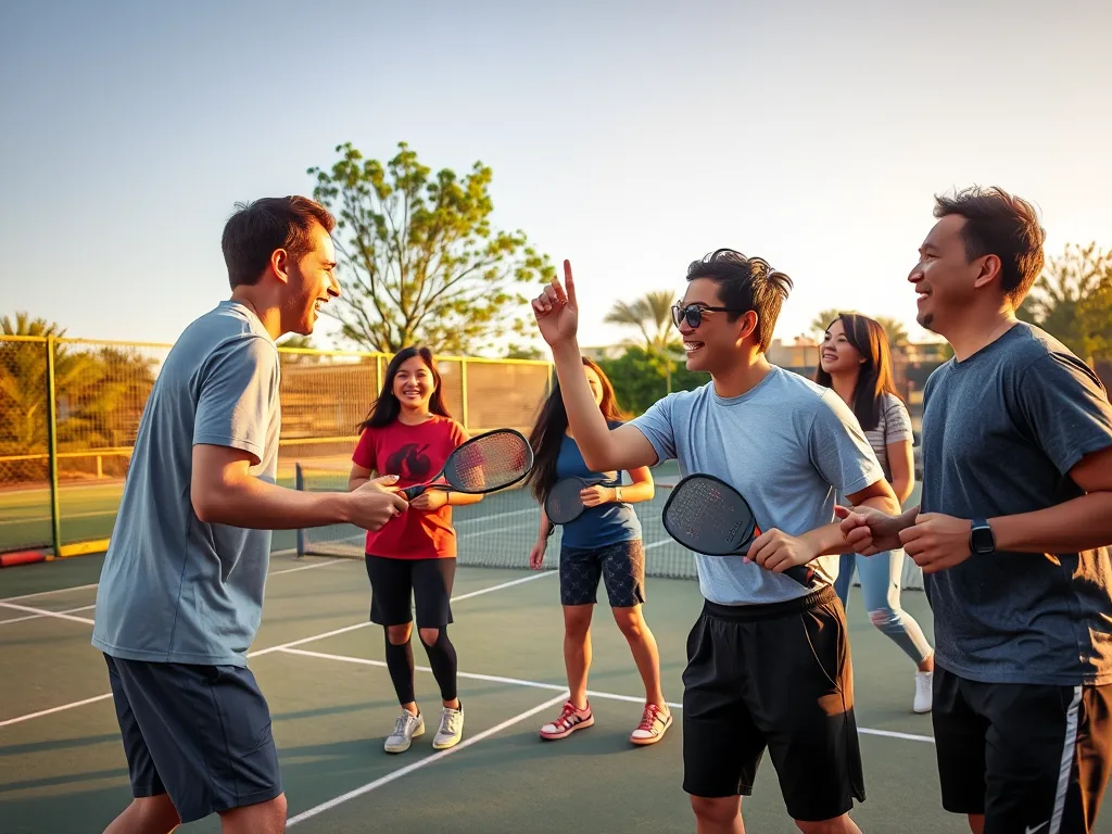 Nhóm nhân viên văn phòng đa dạng chơi pickleball trên sân ngoài trời, mặc đồ thể thao, cười đùa vui vẻ dưới nắng vàng, thể hiện sự thay đổi phong cách sống.
