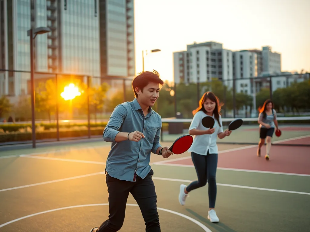 Nhóm nhân viên văn phòng trẻ Việt Nam chơi pickleball ngoài trời trên sân thể thao, thể hiện pickleball và sự thay đổi phong cách sống của giới văn phòng Việt Nam.