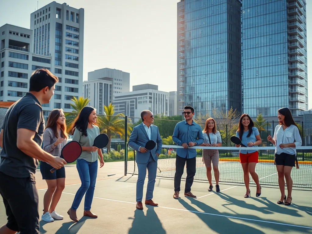 Nhóm nhân viên văn phòng Việt Nam chơi pickleball tại sân ngoài trời sau giờ làm, thể hiện sự chuyển dịch từ văn hóa nhậu nhẹt sang thể thao kết nối lành mạnh