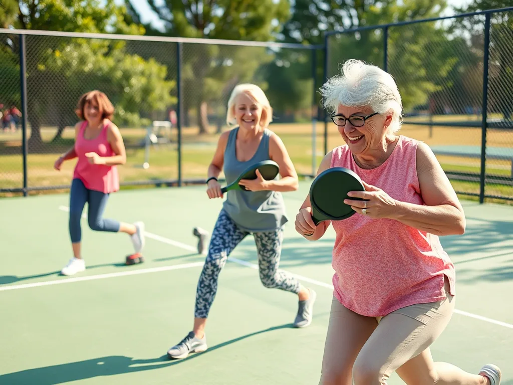 Nhóm phụ nữ tiền mãn kinh chơi pickleball ngoài trời với động tác nhẹ nhàng, tươi cười, thể hiện lợi ích xương khớp từ môn thể thao này.