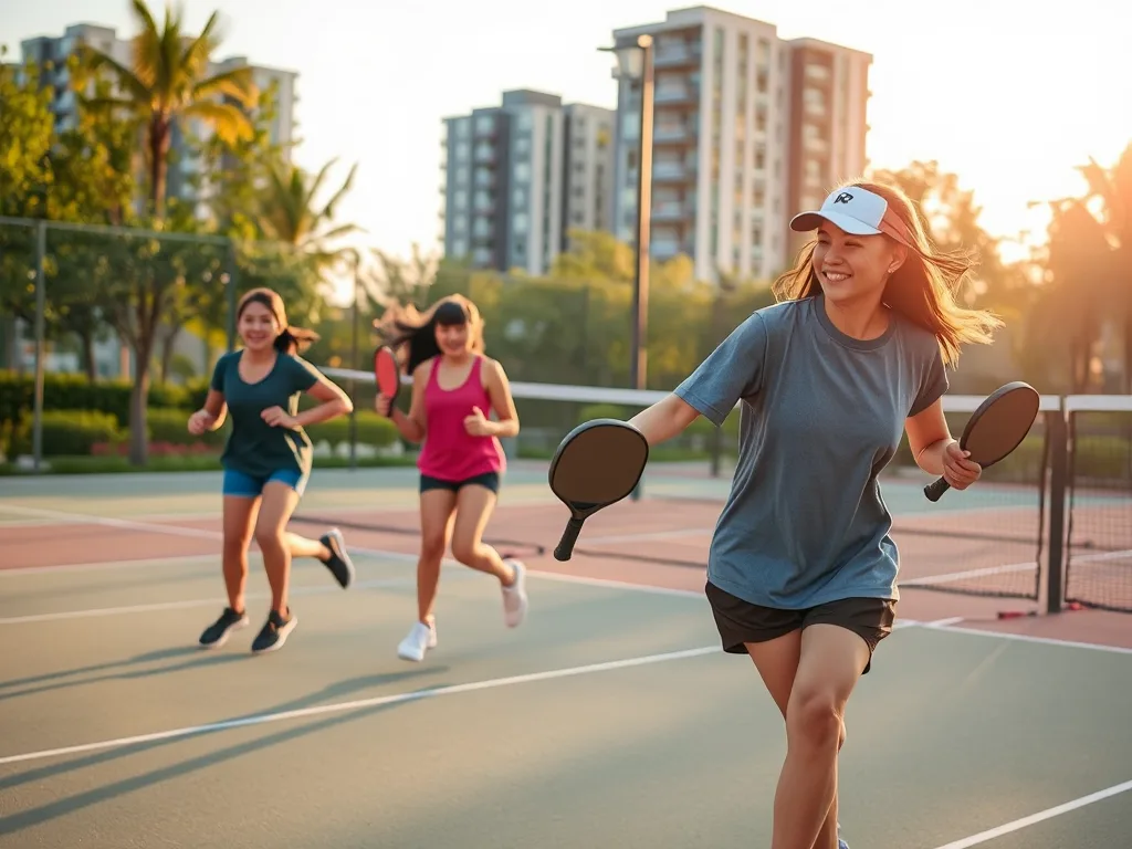 Nhóm thanh niên Việt Nam chơi pickleball sôi động trên sân ngoài trời vào buổi chiều, thể hiện sự phát cuồng vì pickleball chỉ sau một đêm. Nhóm thanh niên Việt Nam chơi pickleball sôi động trên sân ngoài trời vào buổi chiều, thể hiện sự phát cuồng vì pickleball chỉ sau một đêm.