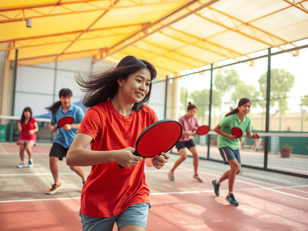Nhóm thanh niên Việt Nam đang chơi pickleball sôi động trong sân "hộp mù" kín, thể hiện sự phổ cập và công bằng của môn thể thao này. Nhóm thanh niên Việt Nam đang chơi pickleball sôi động trong sân "hộp mù" kín, thể hiện sự phổ cập và công bằng của môn thể thao này.