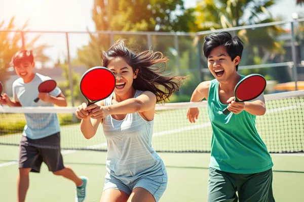 Nhóm thanh niên Việt Nam đang chơi pickleball trên sân ngoài trời, hành động đánh bóng sôi nổi dưới nắng, trang phục thể thao năng động, không có chữ trong ảnh
