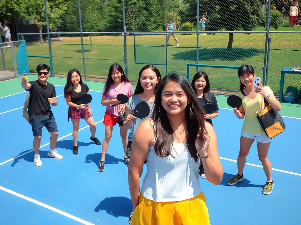 Nhóm thanh niên Việt Nam thời trang chơi pickleball và chụp ảnh trên sân màu xanh, phong cách sống ảo năng động, thể thao giải trí phổ biến. Nhóm thanh niên Việt Nam thời trang chơi pickleball và chụp ảnh trên sân màu xanh, phong cách sống ảo năng động, thể thao giải trí phổ biến.