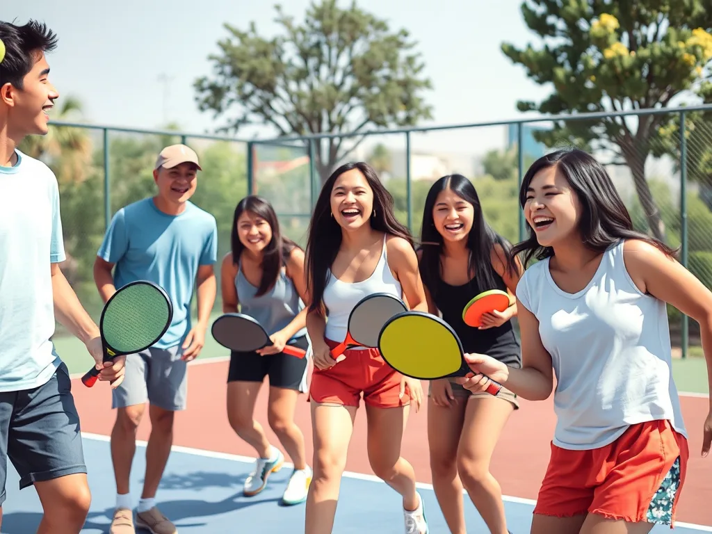 Nhóm thanh niên Việt Nam vui vẻ chơi pickleball trên sân ngoài trời, thể hiện lý do đầu tiên về sự dễ chơi và thu hút giới trẻ. Nhóm thanh niên Việt Nam vui vẻ chơi pickleball trên sân ngoài trời, thể hiện lý do đầu tiên về sự dễ chơi và thu hút giới trẻ.