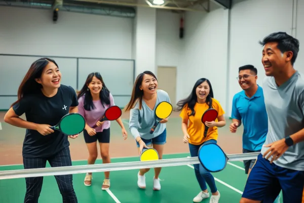 Nhóm thanh niên Việt Nam vui vẻ chơi pickleball trong sân thể thao trong nhà, thể hiện nền kinh tế cảm xúc qua hoạt động giải trí.