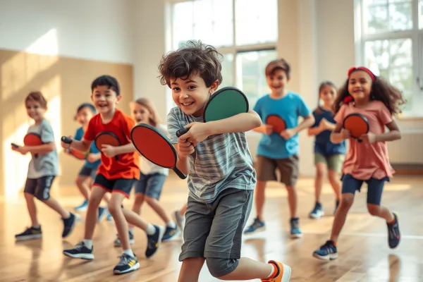 Nhóm trẻ em đa dạng đang chơi pickleball trong nhà thi đấu, tư thế đánh bóng rất nhanh và năng động, sân chơi với sàn gỗ và ánh sáng tự nhiên. Pickleball cho trẻ em giúp rèn luyện phản xạ.